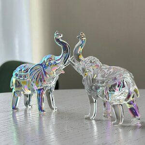 Iridescent Glass Elephants Facing Each Other with Rainbow Hues, Clear